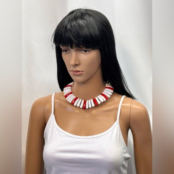 Retro Bold Red and White Statement Choker Necklace - Picture 7 of 16